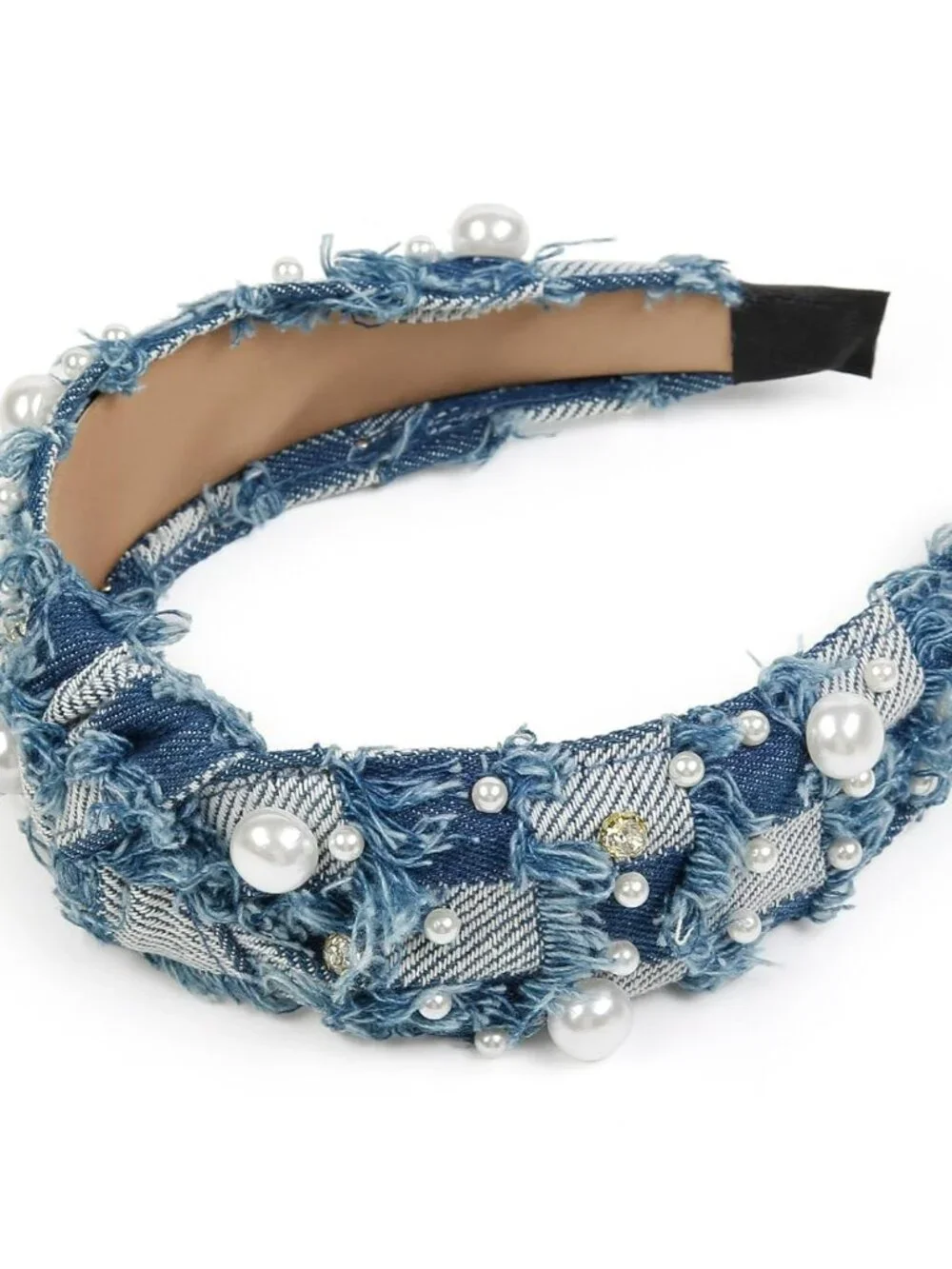 NEW Denim Headband Non Slip Trendy Denim Knotted w Pearls Hair Band Accessories‎